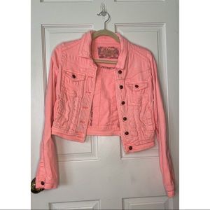 Neon Pink Distressed Cropped Jean Jacket